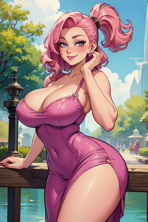 Perfect face. Perfect hands. A pink haired woman with violet eyes with an hourglass figure wearing a tight rockabilly dress is posing sensually in the park with a blush and a big smile
