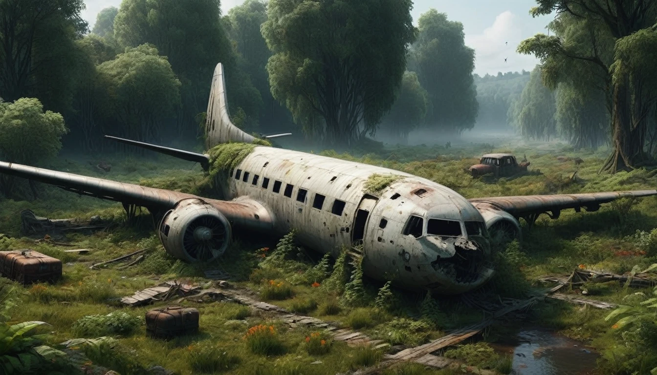 “Create a 3D animation of an abandoned airfield (2022) in the style of Jakub Rozalski * rusty planes, covered in moss, showing signs of decay * Intricate details, including texturing and modeling, in ultra-high quality * Render the scene in 8K resolution (7680 x 4320 pixels) with extreme attention to detail. The metropolis should be overgrown with lush greenery, vines and flowers, bridges covering buildings and streets. Rusty cars should be in various states of disrepair, with visible corrosion and oxidation. Include subtle lighting and atmospheric effects to create a sense of depth and immersion. Deliver a detailed, seamless, high-quality 3D animation that meets these requirements.”