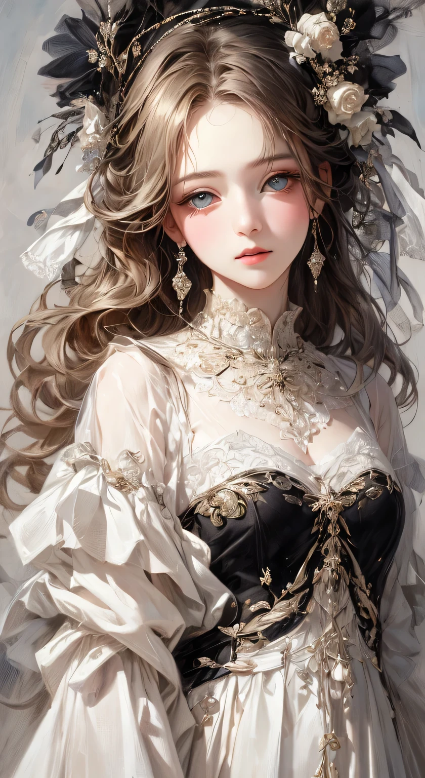 ((masterpiece, Highest quality, Very detailed, High resolution)), alone, beautiful girl, Shining Eyes, Perfect Eyes, 15 years old, Black White Gold theme,
