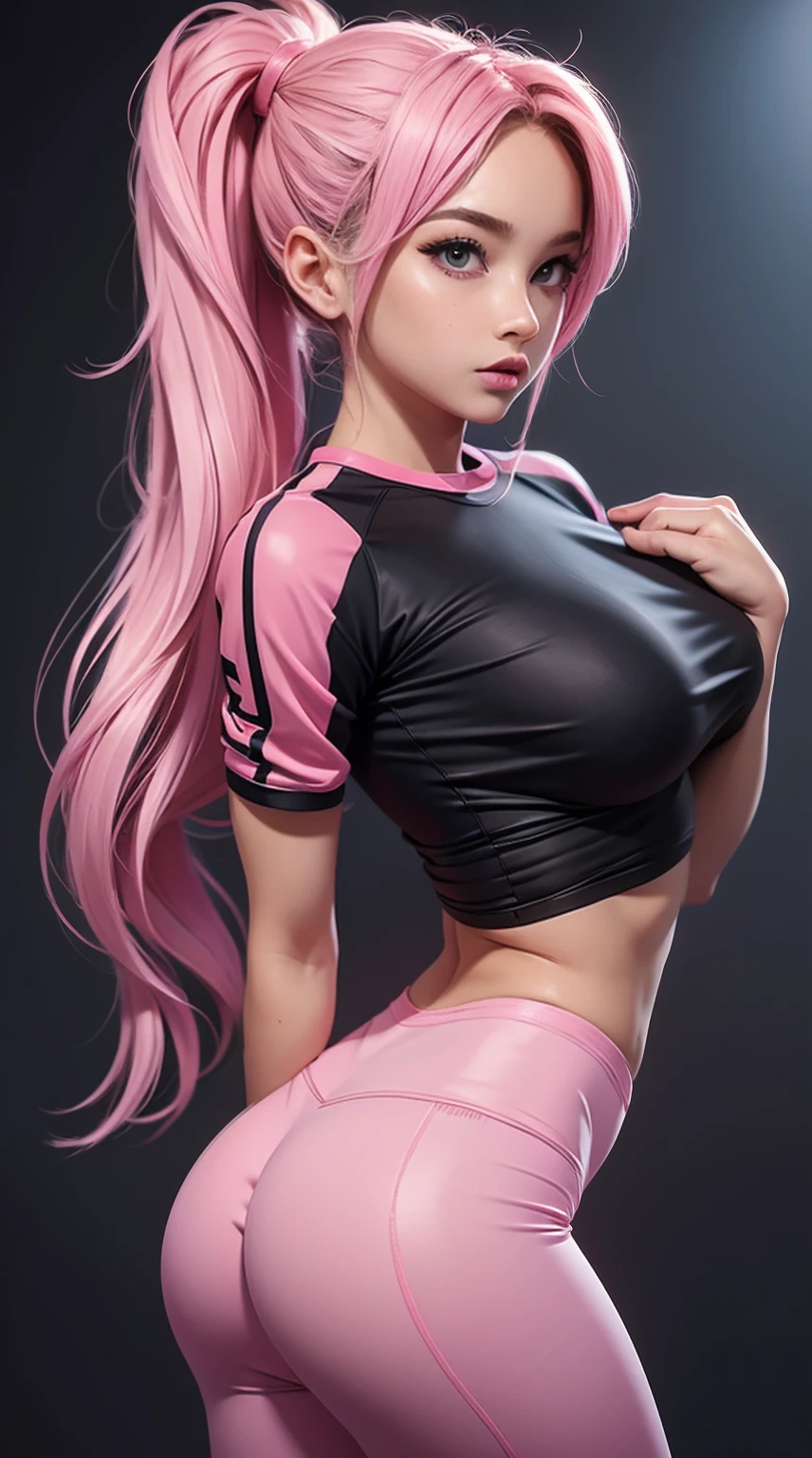 Tight underboob t shirt, tight leggings, hair pink, double ponytail,long hair, big ass, perfect breast, beautiful, sexy, slim, cute, highly detailed, deep focused image, realistic full-lenght photo,