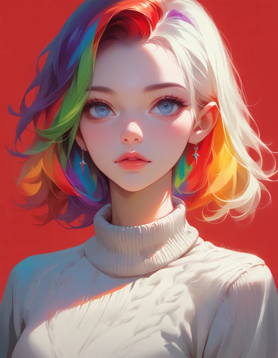 anime ,Realistic ,sketch , 1 Girl, Shining blue eyes,Glossy Lips, sweater,Collared shirt、order, Red gradient background, Neon Hair,textured crop, , (masterpiece,Highest quality,Rainbow Style)