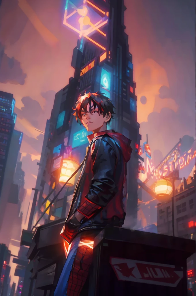 Spider Man- style photo of a man standing in front of a city at night, hero pose colorful city lighting, stylized urban fantasy artwork, Peter Parker in cyberpunk, inspired by The Amazing Spider-Man movie, ross tran 8 k, wojtek fus, digital cyberpunk anime art, ross tran style, ross tran and bayard wu, rossdraws global illumination, digital cyberpunk - realistic art