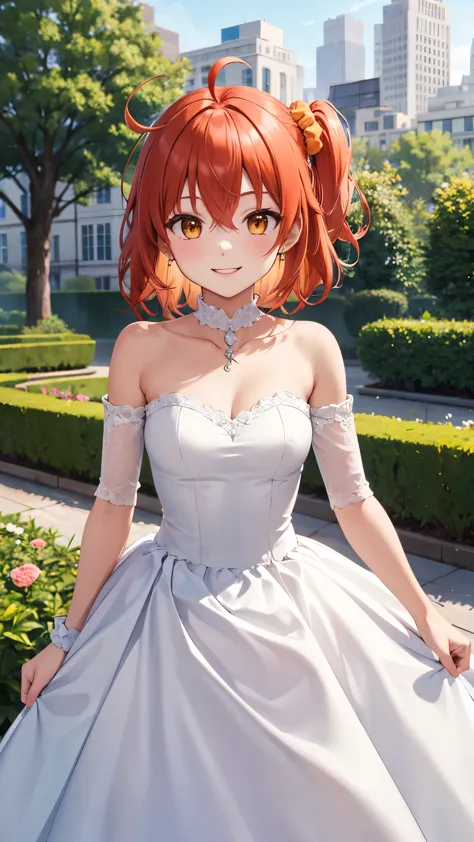 masterpiece, best quality, highres, aaritsuka, short hair, ahoge, hair scrunchie, orange scrunchie, smile, city, garden, wedding...