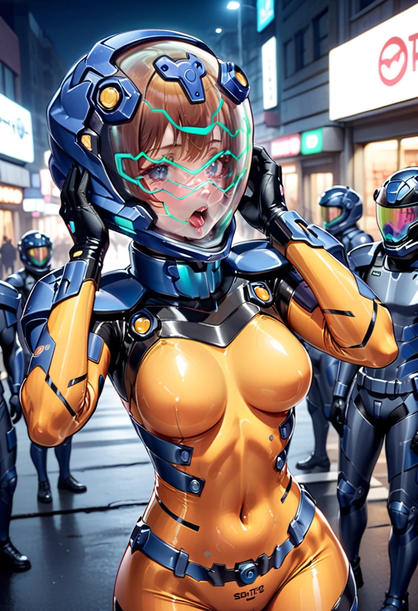 short hair, street, emo, BLACK hair, white eyes, eyeliner, apocalypse, (astronaut, girl, road, city, fortified suit, ((blue:1.5) plugsuit), short hair, outdoors, cinematic light, medium breasts, covered navel, space helmet, muvluv, space helm, eva helmet,[legs bent, ,ahegao, rolling eyes,saliva, drooling, sweat, trembling, HARD TO BREATH,, (hands up:1.6), (holding head:1.7), upper body