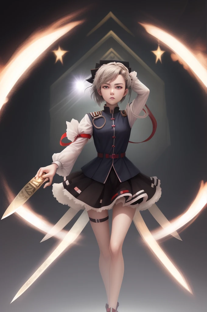 Field Medic Woman, masterpiece, high quality, Game character design, Anime illustration style, simple flat background, (Little:0.9), whole body, Diagonal angle, View your viewers, Dynamic pose, Holding a dagger, Text only,