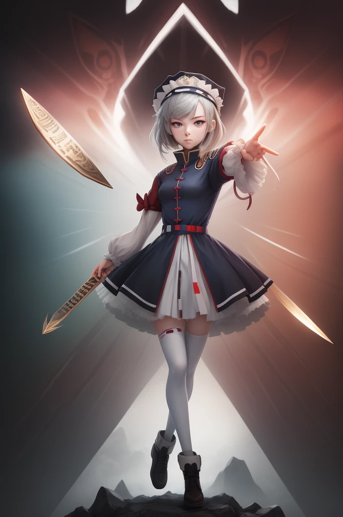 Field Medic Woman, masterpiece, high quality, Game character design, Anime illustration style, simple flat background, (Little:0.9), whole body, Diagonal angle, View your viewers, Dynamic pose, Holding a dagger, Text only,