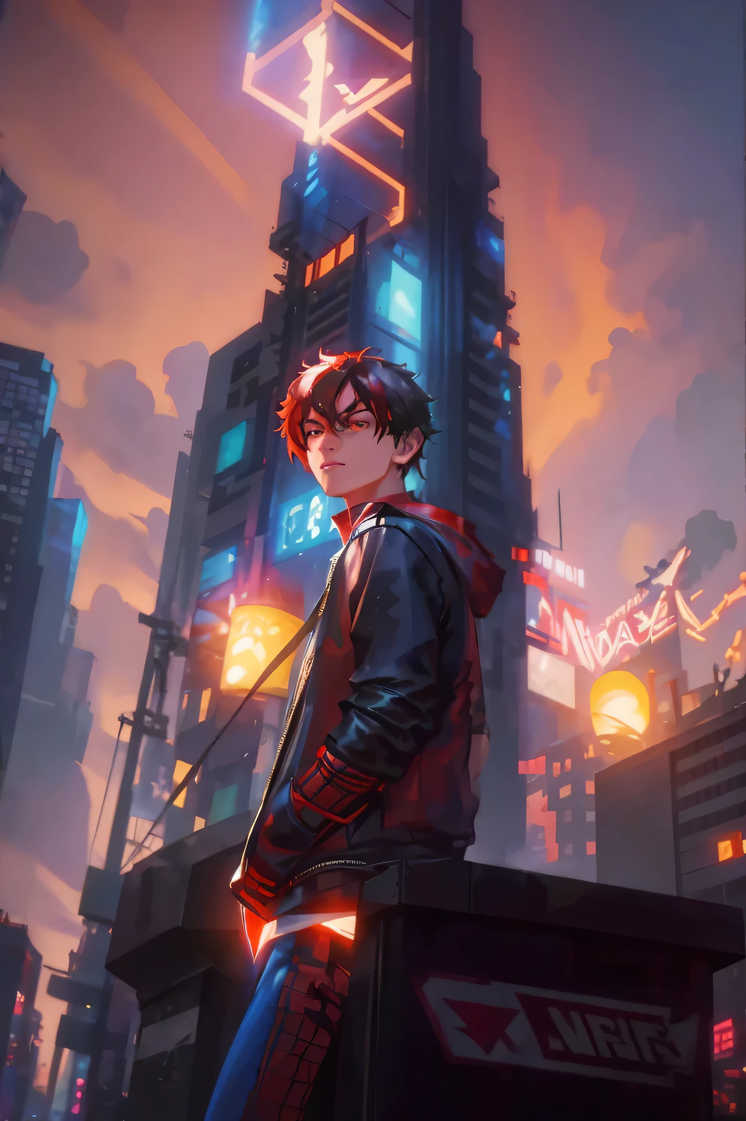 Spider Man- style photo of a man standing in front of a city at night, hero pose colorful city lighting, stylized urban fantasy artwork, Peter Parker in cyberpunk, inspired by The Amazing Spider-Man movie, ross tran 8 k, wojtek fus, digital cyberpunk anime art, ross tran style, ross tran and bayard wu, rossdraws global illumination, digital cyberpunk - realistic art