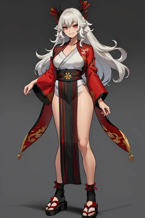 female, silver long hair, red eyes, (((1girl))), (((red kimono))), (black japanese sandals), (white socks), cute and sexy, full ...