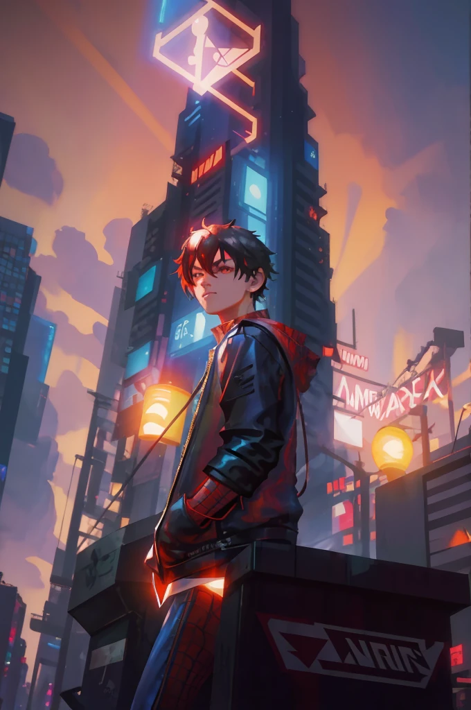 Spider Man- style photo of a man standing in front of a city at night, hero pose colorful city lighting, stylized urban fantasy artwork, Peter Parker in cyberpunk, inspired by The Amazing Spider-Man movie, ross tran 8 k, wojtek fus, digital cyberpunk anime art, ross tran style, ross tran and bayard wu, rossdraws global illumination, digital cyberpunk - realistic art