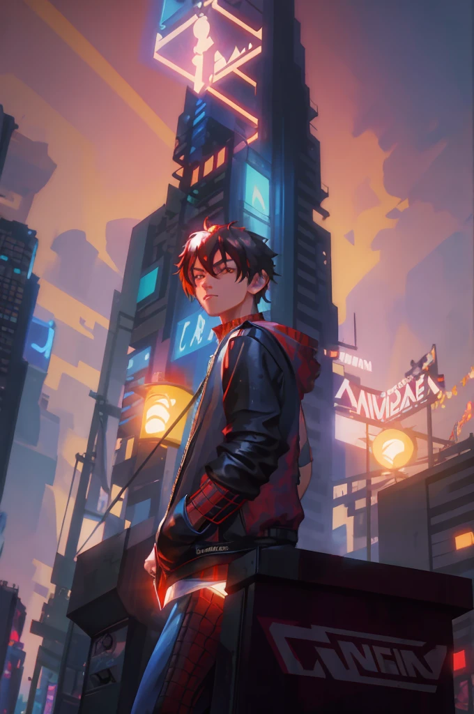 Spider Man- style photo of a man standing in front of a city at night, hero pose colorful city lighting, stylized urban fantasy artwork, Peter Parker in cyberpunk, inspired by The Amazing Spider-Man movie, ross tran 8 k, wojtek fus, digital cyberpunk anime art, ross tran style, ross tran and bayard wu, rossdraws global illumination, digital cyberpunk - realistic art