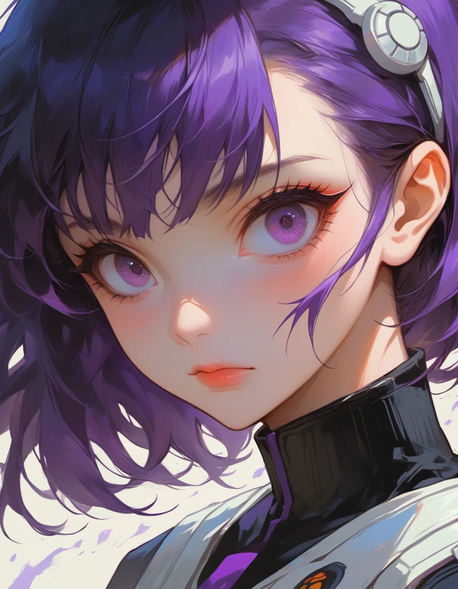 a close up of a person with purple hair and a purple tie, stylized anime, anime moe artstyle, katana zero video game character, anime girl of the future, portrait anime space cadet girl, portrait knights of zodiac girl, close up of a young anime girl, anime stylized, with glowing purple eyes, in an anime style, anime styled 3d