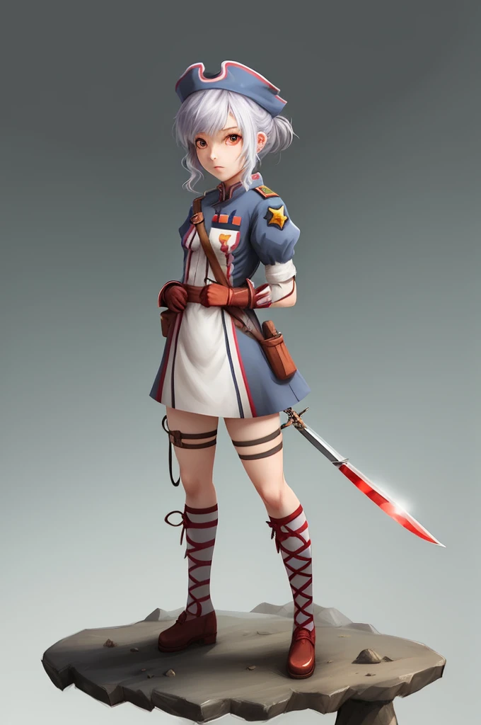 Field Medic Woman, masterpiece, high quality, Game character design, Anime illustration style, simple flat background, (Little:0.9), whole body, Diagonal angle, View your viewers, Dynamic pose, Holding a dagger, Text only,