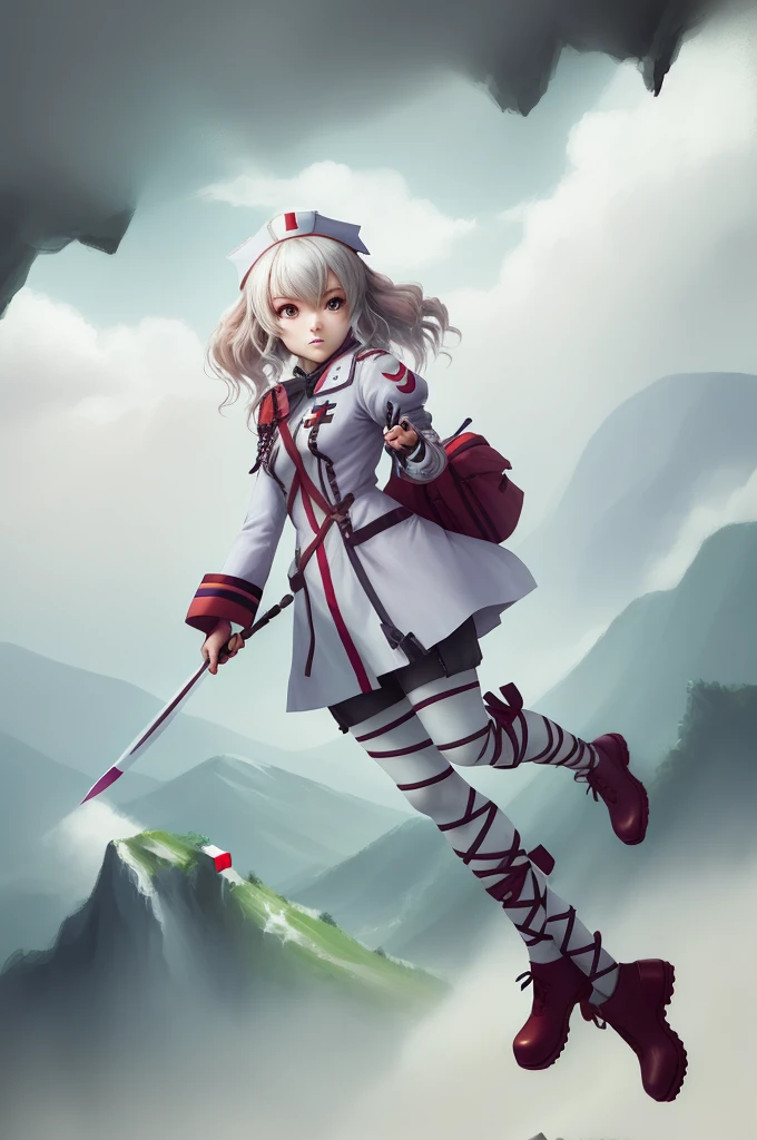 Field Medic Woman, masterpiece, high quality, Game character design, Anime illustration style, simple flat background, (Little:0.9), whole body, Diagonal angle, View your viewers, Dynamic pose, Holding a dagger, Text only,