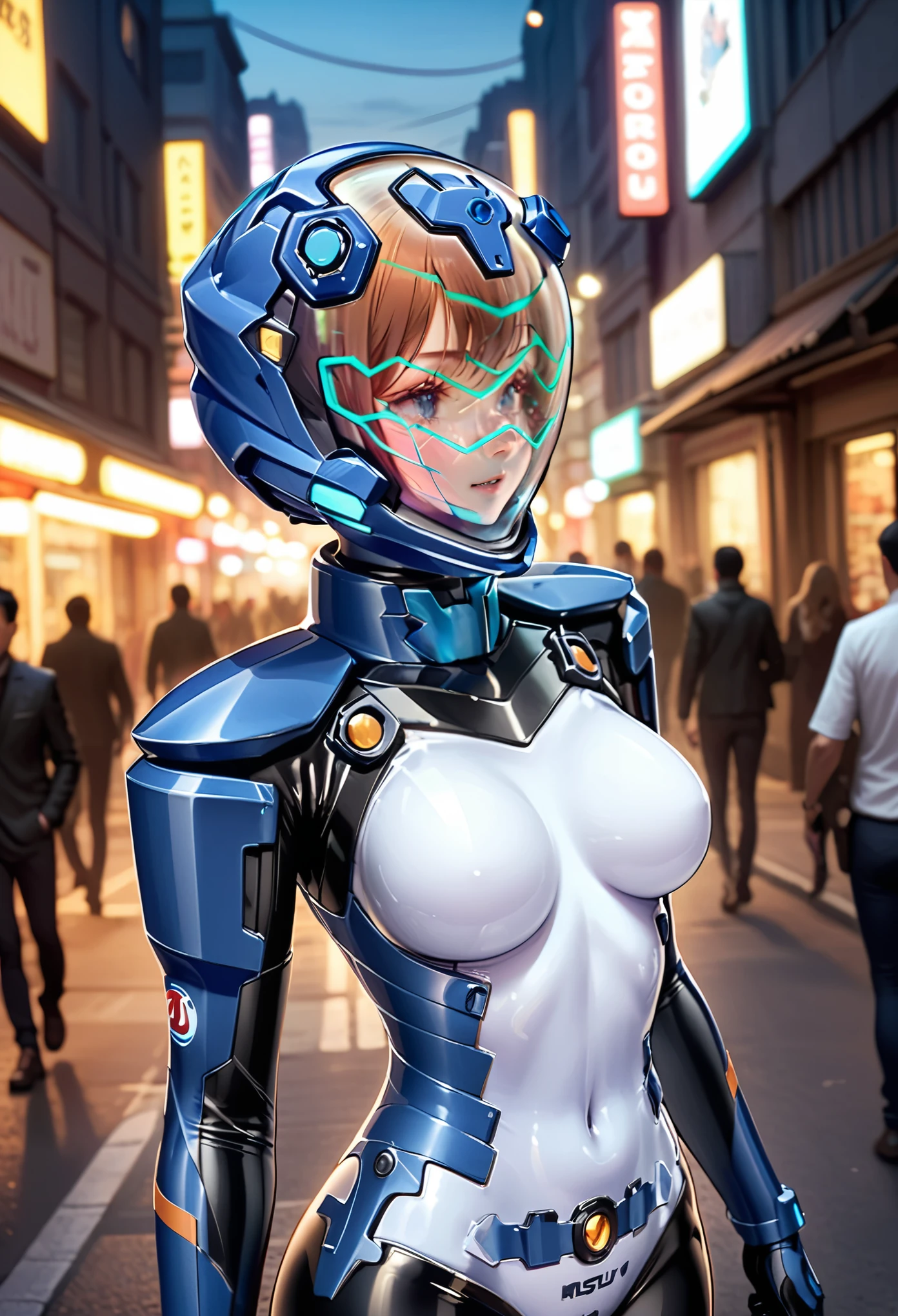 short hair, street, emo, BLACK hair, white eyes, eyeliner, apocalypse, (astronaut, girl, road, city, fortified suit, ((blue:1.5) plugsuit), short hair, outdoors, cinematic light, medium breasts, covered navel, space helmet, muvluv, space helm, eva helmet,[legs bent,, upper body