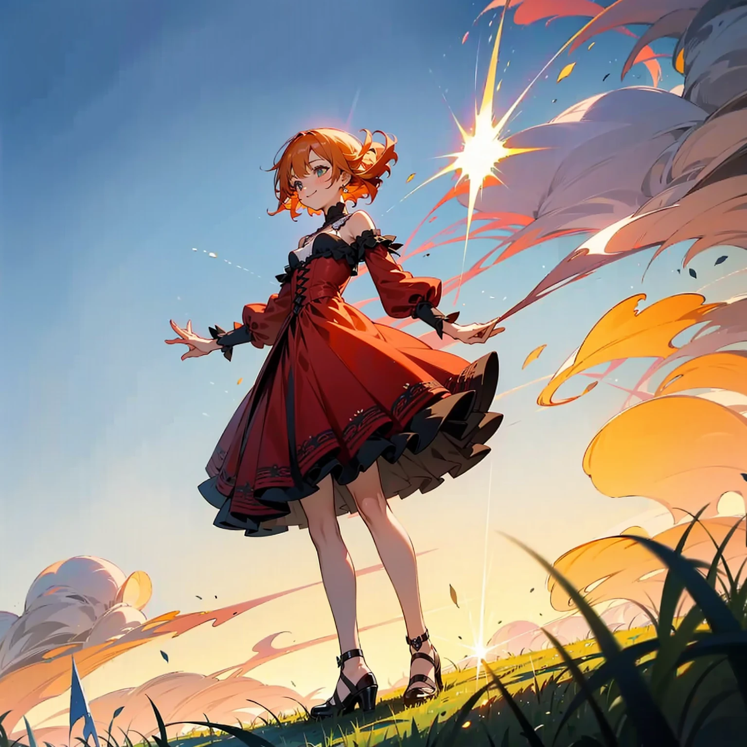 (solo, kid girl), (red dress), (victorian dress), (smile), pale skin, (pale), outdoors, small breasts, happy, radiant glow, (cowboy shot), (holy aura), orange hair, ginger hair, bare shoulders, greenlands, open plains for background, (full body version), (one piece style art)