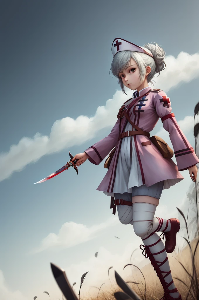 Field Medic Woman, masterpiece, high quality, Game character design, Anime illustration style, simple flat background, (Little:0.9), whole body, Diagonal angle, View your viewers, Dynamic pose, Holding a dagger, Text only,