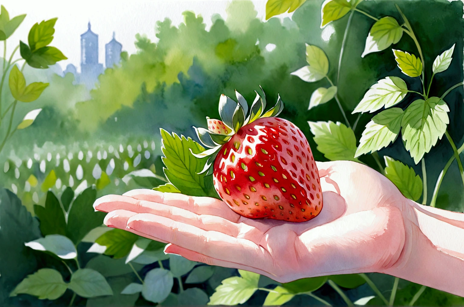 watercolor, watercolor (medium), strawberry, (一粒のstrawberry), Blurred Background