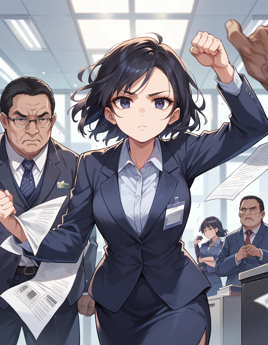 masterpiece, best quality, extremely detailed,anime, Woman, black hair, office worker, suit, expressionless, ((punching a middle-aged man with full force.)), documents flying in the air, office