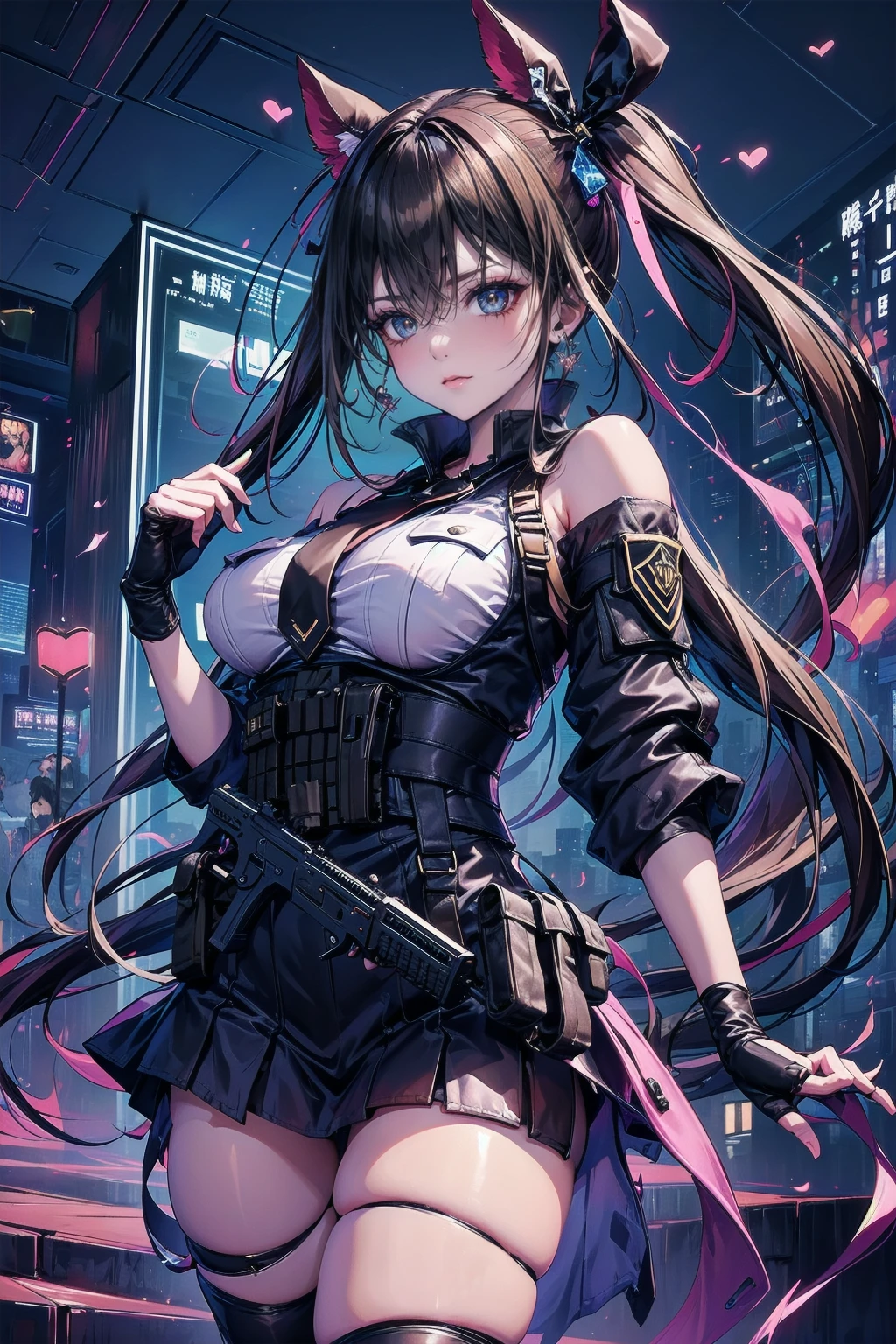 Die Figur im Bild ist eine junge Frau, die in einem Anime-inspirierten Kunststil gezeichnet ist.. Hier sind ihre detaillierten körperlichen Merkmale::

- **Haar**: 彼女はボブカットの短い黒Haarをしている, Etwas über den Schultern, 前HaarがGesichtを縁取っている.
- **Gesicht**: 彼女のGesichtは細くて表情豊かだ, Mit breiten, Entschlossene dunkle Augen.
- **Kostüm**: Sie trägt ein langärmeliges weißes Hemd und einen schwarzen Faltenrock。. Zusätzlich, Sie trägt eine hellbraune militärische taktische Weste mit mehreren Taschen., Scheint so&#39;s geeignet für den Kampf.
- **Zubehör**: Sie trägt beige fingerlose Handschuhe und schwarze kniehohe Stiefel..
- **Waffen**: Sie ist mit einem schwarzen Sturmgewehr bewaffnet., 彼女は射撃Haltungでしっかりと保持している, einsatzbereit.
- **Haltung**: 彼女はしゃがんだHaltungになっている, Ein Bein nach vorne ausstrecken、Das andere Bein beugen, Vermittelt den Eindruck dynamischer Bewegung und Kampfbereitschaft.

Der Gesamtcharakter ist、Es kombiniert Elemente der militärischen Ausrüstung., Den Kontrast zwischen Unschuld und Kampfbereitschaft hervorheben.