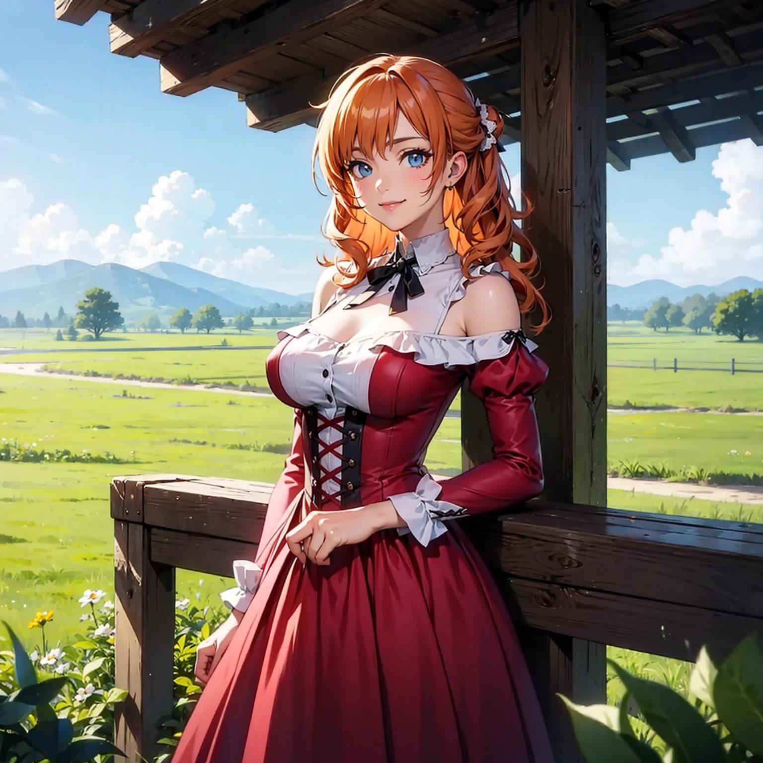 (solo), (red dress), (victorian dress), (smile), pale skin, (pale), outdoors, large breasts, happy, radiant glow, ((cowboy shot)), (holy aura), long curly hair, ginger hair, bare shoulders, greenlands, open plains for background