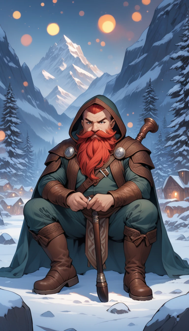 (1man, male, solo), (Dwarf:1.5), (dark skin:1.35), (short body, small Height, strong body), (muscular, calm), (short red hair, face hair, beard, Braided Moustache), (seating on the ground), 
(Dungeons and Dragons, character), (Hunter), 
(leather boots, leather jacket, cloth shirt, cape with hood), (holding object, holding smoking pipe), 
(mountains, snow forest, camfire background),
8K, RAW, best quality, ((masterpiece, best quality)), ultra high res, colorful, (medium wide shot), full body, (dynamic perspective), sharp focus, (depth of field, bokeh:1.3), extremely detailed eyes and face, beautiful detailed eyes, 