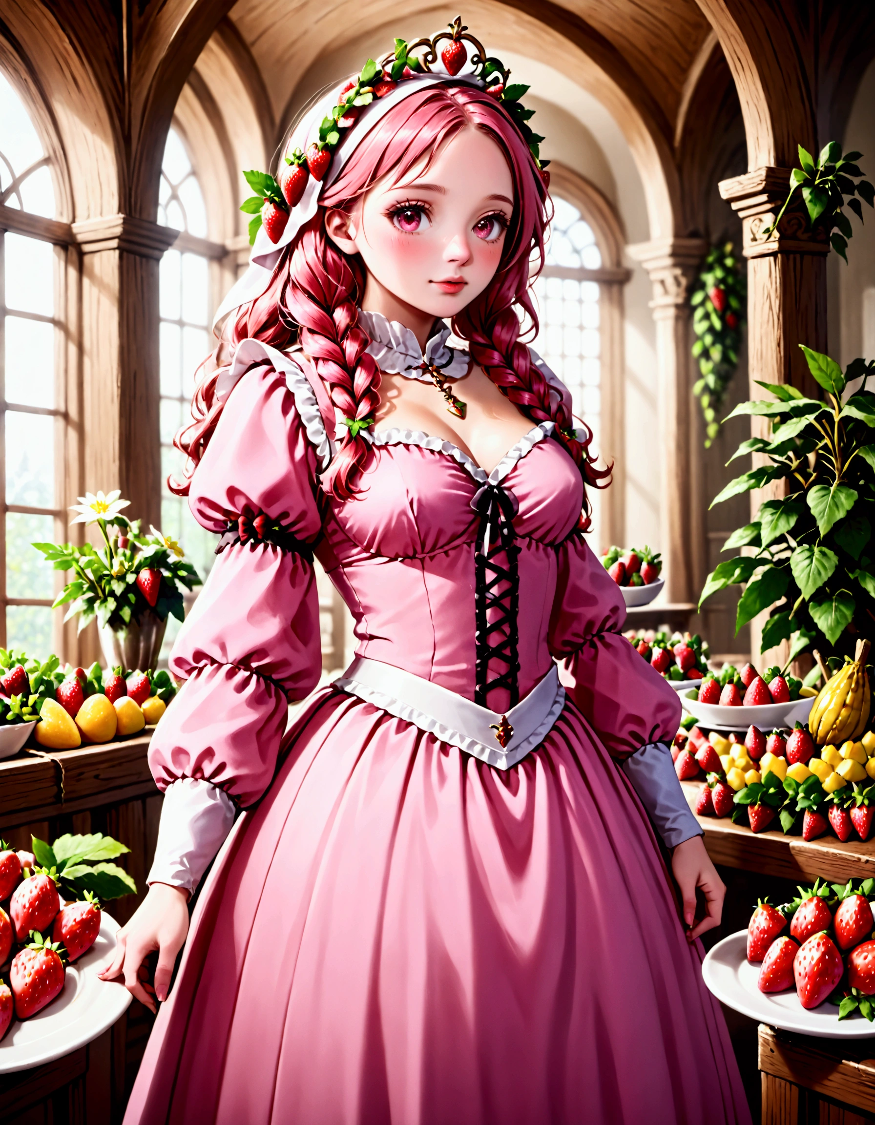 A Strawberry Knight (female, strawberry like face, strawberry themed and decorated plate mail (electric pink tint), strawberry decorated sword) standing at attention by the pineapple king, fruit salad city medieval themed
