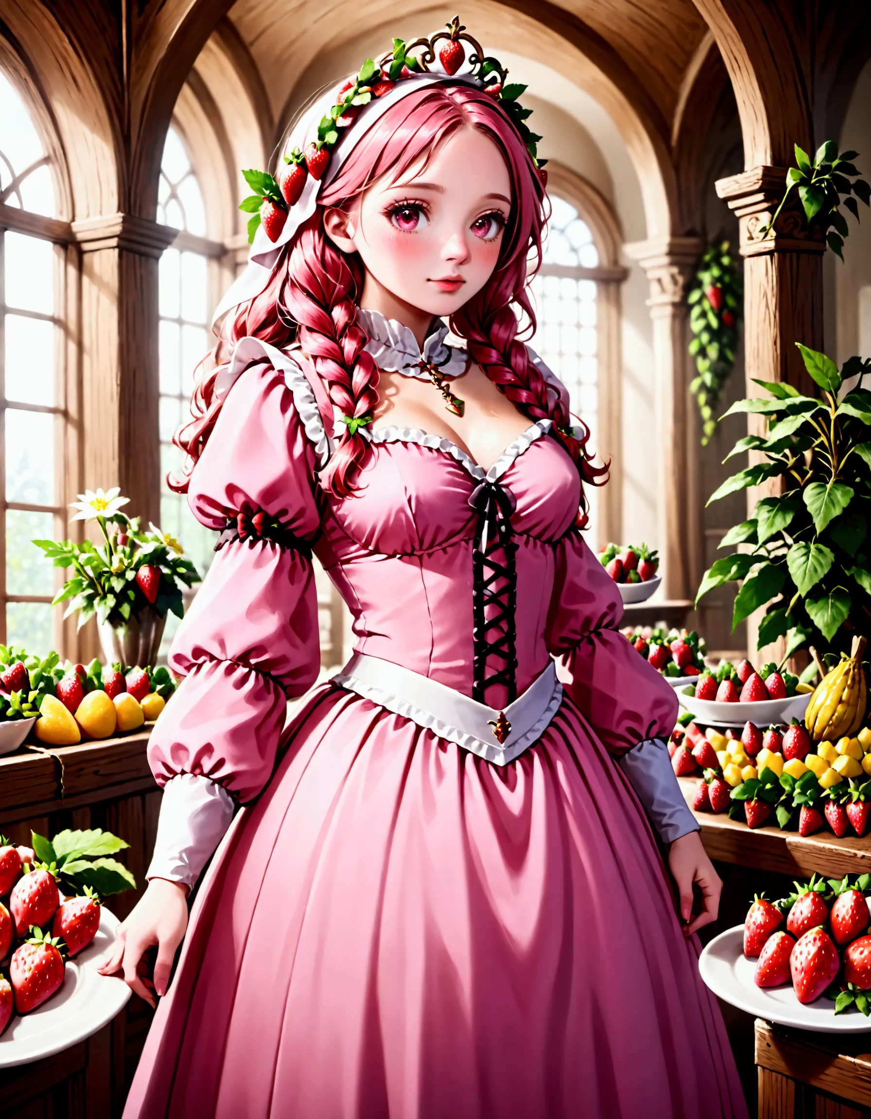 a strawberry knight (female, strawberry like face, strawberry themed and decorated plate mail (electric pink tint), strawberry d...