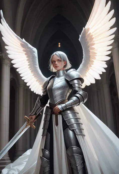 angel, silver armor, short gray hair, glowing white eyes, long wings, holding a sword, destoyed castle on the background, fire a...