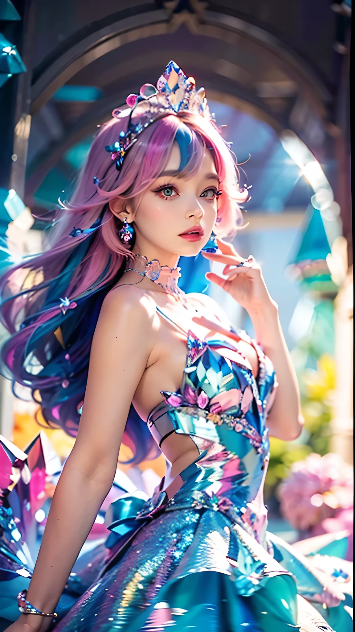 best quality，masterpiece，16k，1girl, bangs, bare shoulders, breasts, crown, crystal, dress, from side, gem,Colorful crystals,Crystal Headwear,There are many crystals on the clothes,Colorful gradient hair,Colorful Dress,Floating Colorful Crystal,Crystal on the body,Crystal necklace,Colorful crystal decoration,Crystal Girl, gradient hair, jewelry, long hair, makeup, medium breasts, multicolored hair, pink hair, solo, tiara