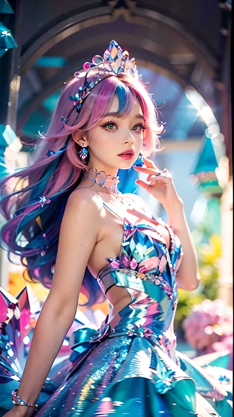 best quality，masterpiece，16k，1girl, bangs, bare shoulders, breasts, crown, crystal, dress, from side, gem,Colorful crystals,Crys...