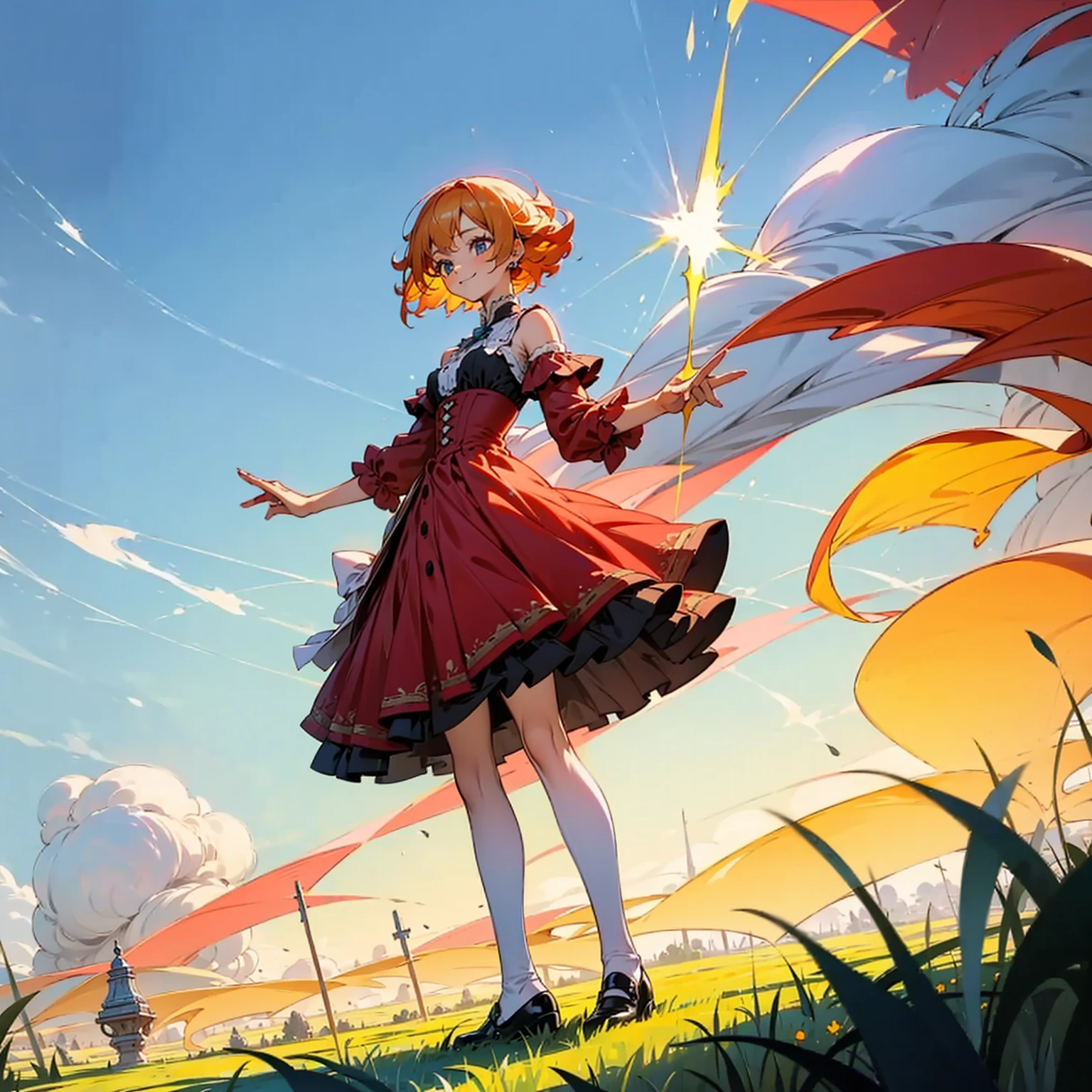 (solo, kid girl), (red dress), (victorian dress), (smile), pale skin, (pale), outdoors, small breasts, happy, radiant glow, (cowboy shot), (holy aura), short hair, ginger hair, bare shoulders, greenlands, open plains for background, (full body version), no shock, black shoes, detailed background, detailed eyes