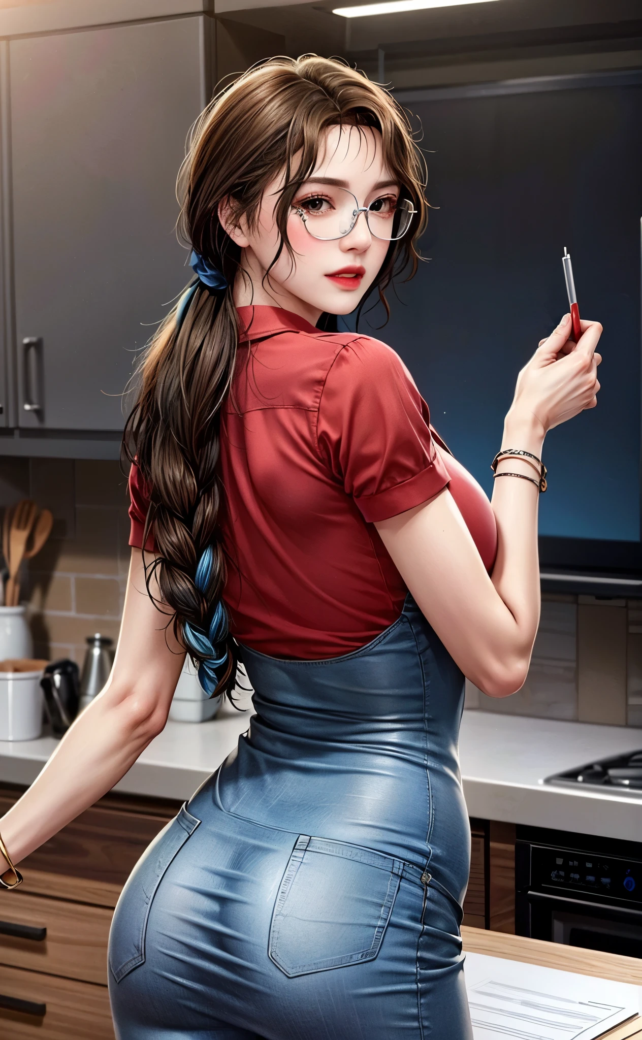 Professional, High level of detail, close up photo (attractive mature 45yo woman:1.3),ray tracing, natural lighting, (blushing:1.1 ), (classy, elegant, dandy)1.2, (red colour), perfect face, flower  dress with blue blazer,  long pencil skirt, (((glasses, covered))), big breast, cleveage, Slim Face,(mature) , Pretty Lady,  smile eyes, see full image, bracelet, (at desk in kitchen), view from behind