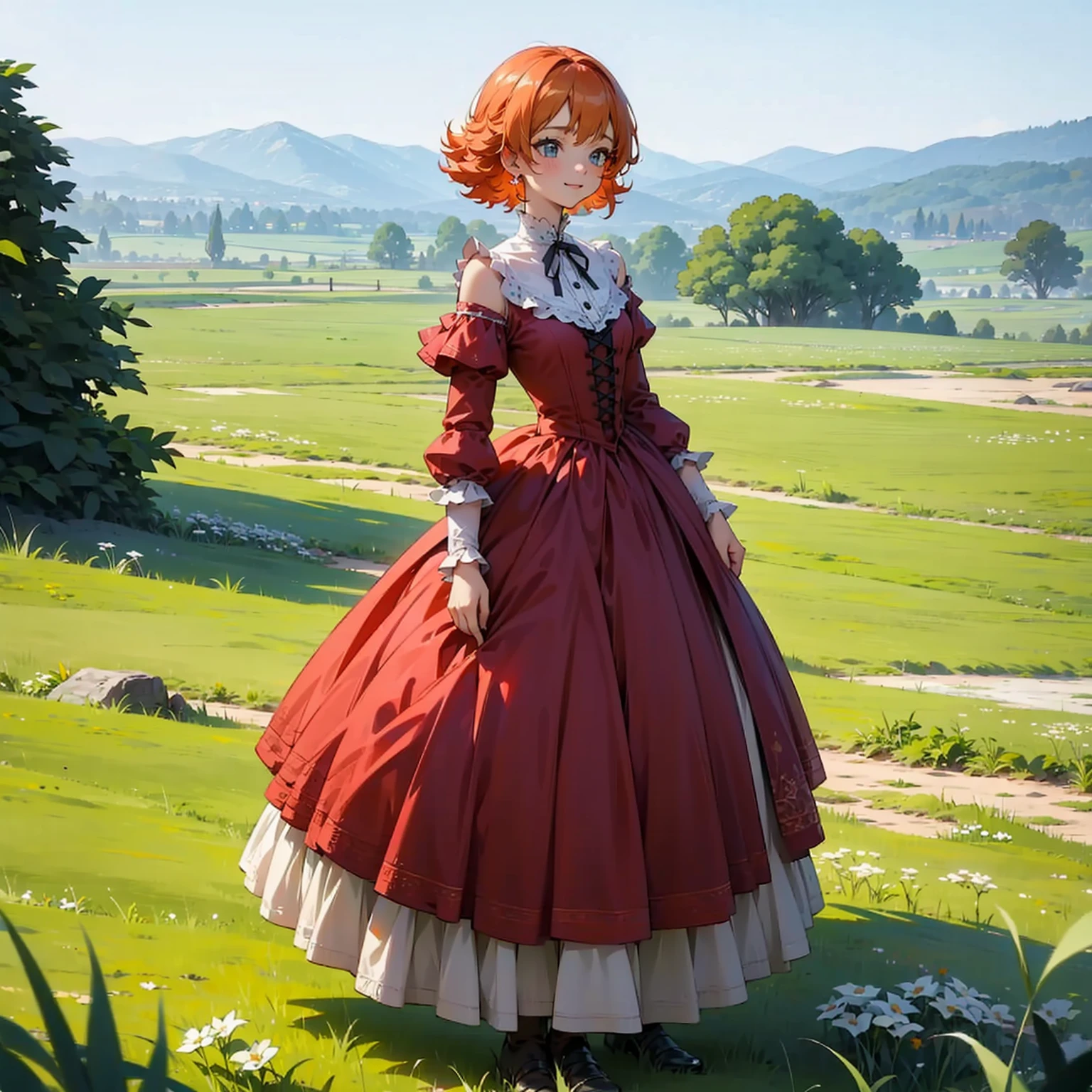 (solo, kid girl), (red dress), (victorian dress), (smile), pale skin, (pale), outdoors, small breasts, happy, radiant glow, (cowboy shot), (holy aura), orange hair, ginger hair, bare shoulders, greenlands, open plains for background, (full body version), detailed background 