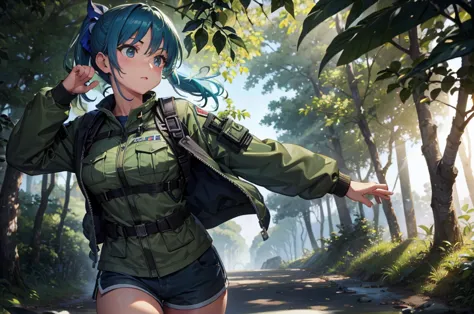 blue ponytail、cool beauty、green camouflage military uniform、green camouflage shorts、belly button exposed、big breasts、run at full...