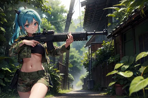 blue ponytail、cool beauty、green camouflage military uniform、green camouflage shorts、belly button exposed、big breasts、run at full...