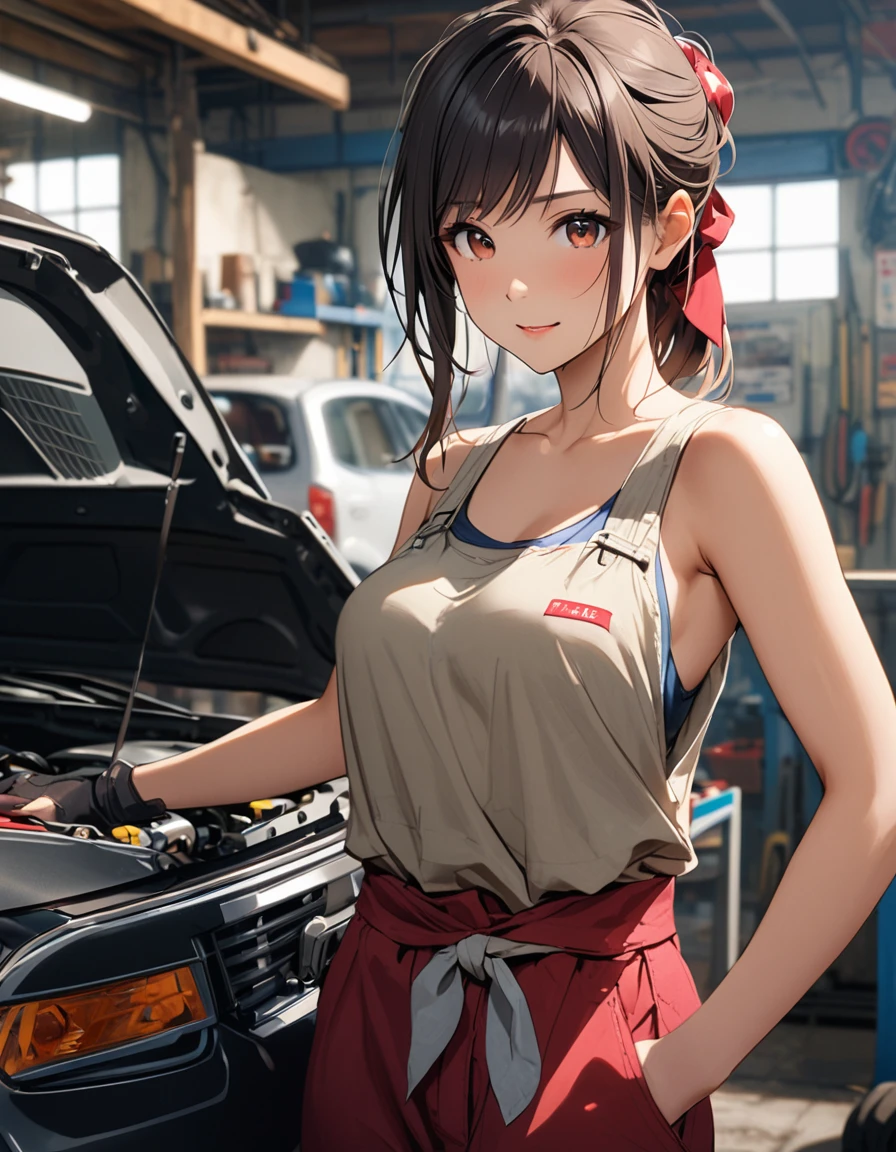 A young Japanese woman working in an auto repair shop. Her hair is tied up and her face is a little dirty. Cowboy shot.