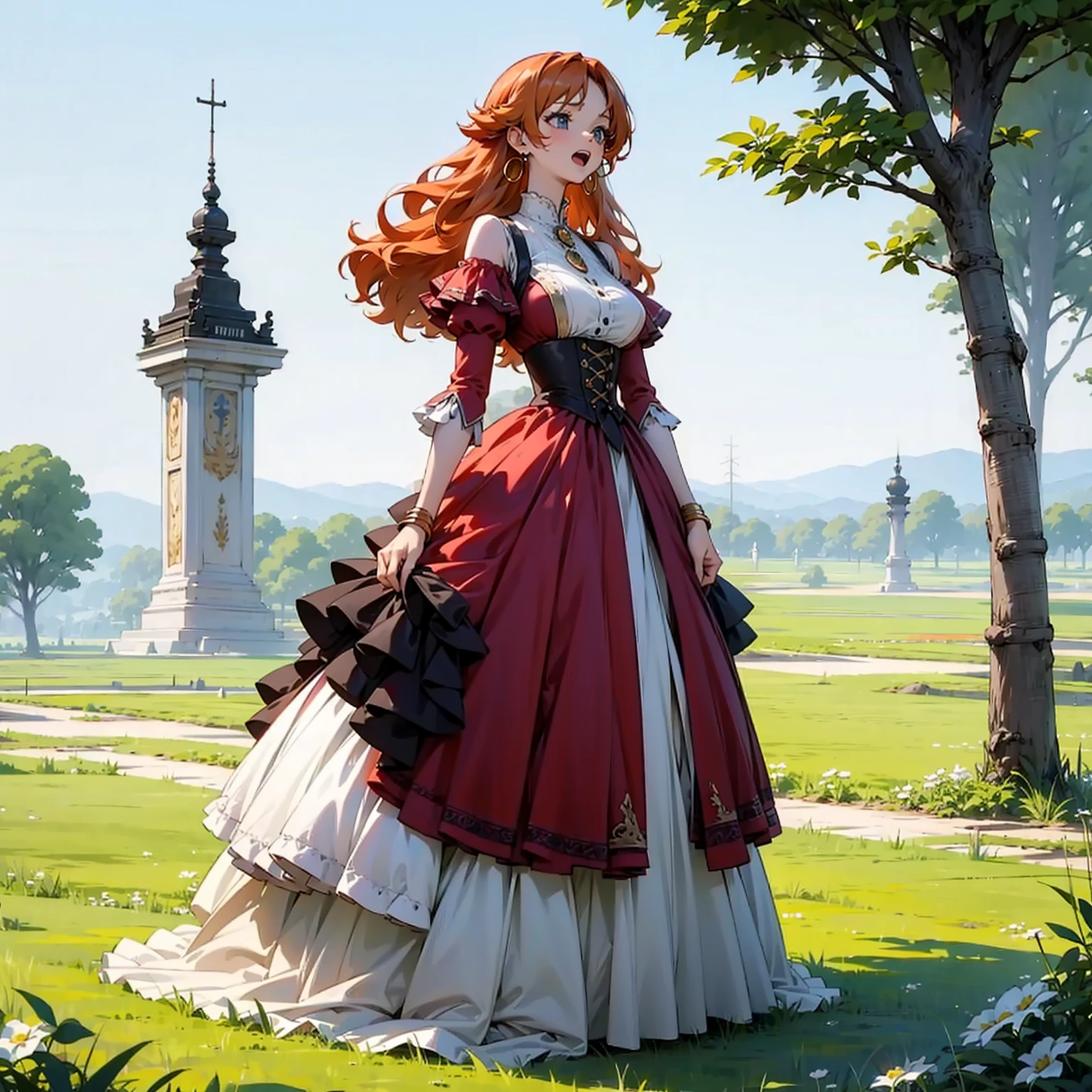 (solo), (red dress), (victorian dress), (smile), pale skin, (pale), outdoors, large breasts, open mouth, happy, radiant glow, (cowboy shot), (holy aura), long curly hair, ginger hair, hoop earrings, gold bracelets, bare shoulders, greenlands, open plains for background, (full body version), detailed background 