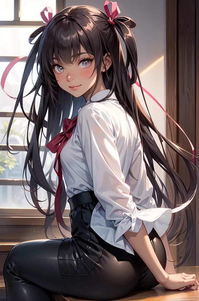 image of a blushing Japanese schoolgirl sitting with crossed legs on a set of stairs in a romantically lit indoor scene wearing a mini black skirt, thighhigh white uwabaki, and a red ribbon tied in her short, black bobbed hair. Nearby, a schoolboy with grey hair and zettai ryouiki, dressed in black pants, white shirt, black blazer, and a red bowtie is smiling but has a sweatdrop and a hint of closed-mouth blush as he looks back at the girl. Together, they create a beautiful moment amidst the clouds, staring out the window romantically.