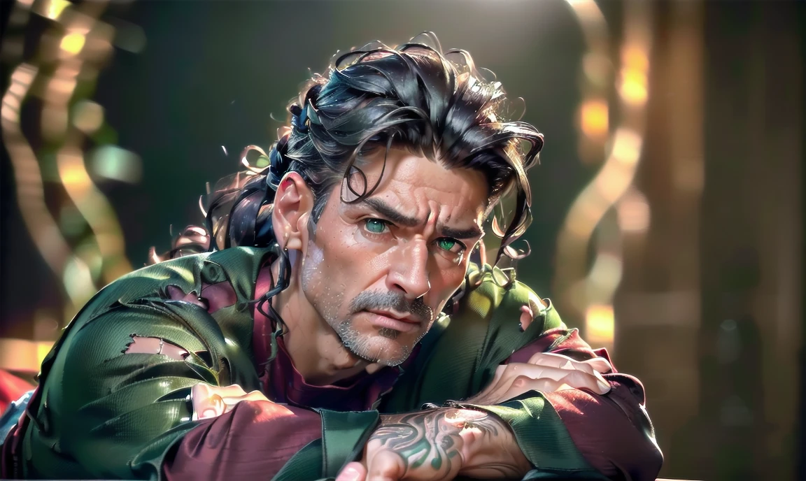 "((highly detailed, detailed eyes, detailed face, clear and realistic facial features, photorealistic, realistic light; cinematic)), (1 man), ((((small studio background)))), (((sophisticated gorgeous refined middle-aged male artist))), ((strangely beautiful yet masculine)), ((((intense fascinated expression)))), ((serene mood)), (((dark green eyes))), ((long wavy brunette hair tied half up)), (((dressed in a red shirt and jeans)))." 