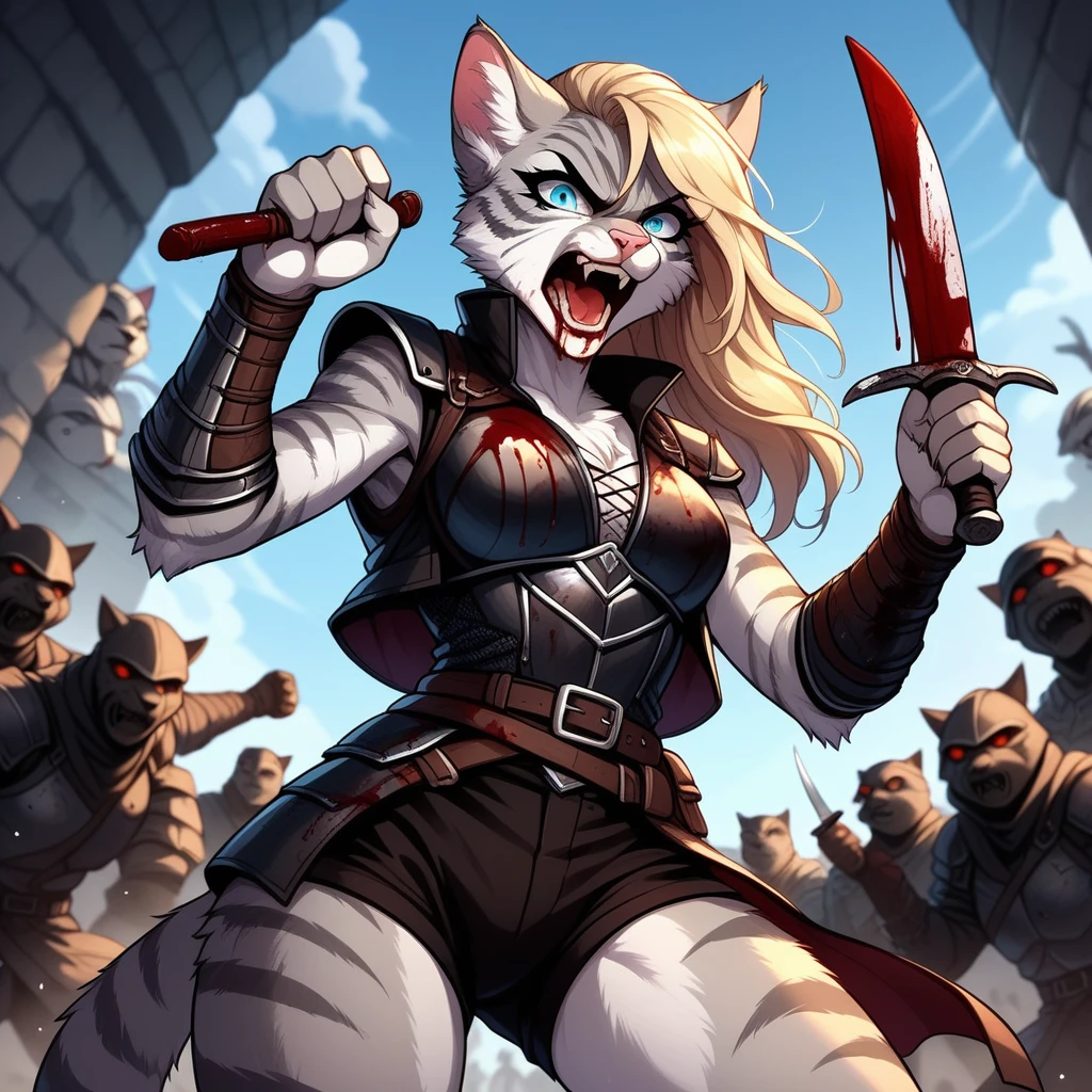 score_9,score_8_up,score_7_up, score_6_up, score_5_up, source_anime, Kat, female Anthro furry feline, silver fur, grey stripes on body, blue eyes, long blonde hair, undercut hair, one side of hair shaved, pink nose, :3, wearing black leather armor vest, black cuirass, black short shorts, holding a blood covered knife, face covered in blood, furrowed eyebrows, expressionless, soulless eyes, (bloody face), blood_covered, blood on armor, screaming, yelling, she is attacking, fighting off several enemy soldiers, on a battlefield, dynamic action, standing, low angle shot