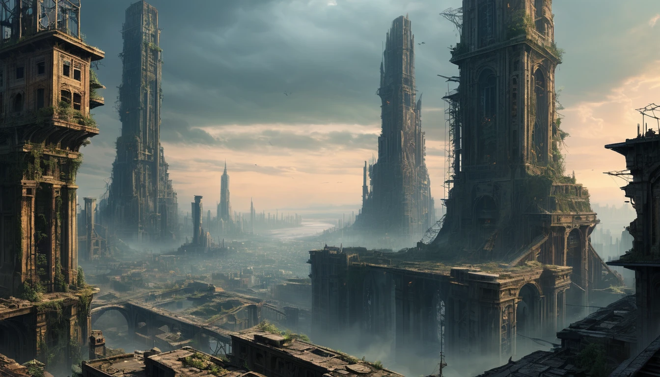 A vivid and detailed description of a dystopian sci-fi landscape featuring a vast, ruined vertical metropolis. The cityscape should contain magnificent, crumbling stone buildings of intricate design. Including a vast vertical cityscape, it appears to be a mixture of ancient and futuristic elements. It also describes the abandoned technology scattered throughout the city, such as tangled wires and huge, broken computers. Finally, it conveys a sense of despair and desolation through words, creating a sense of desolation and grandeur. The language should be rich, descriptive, and stimulating.