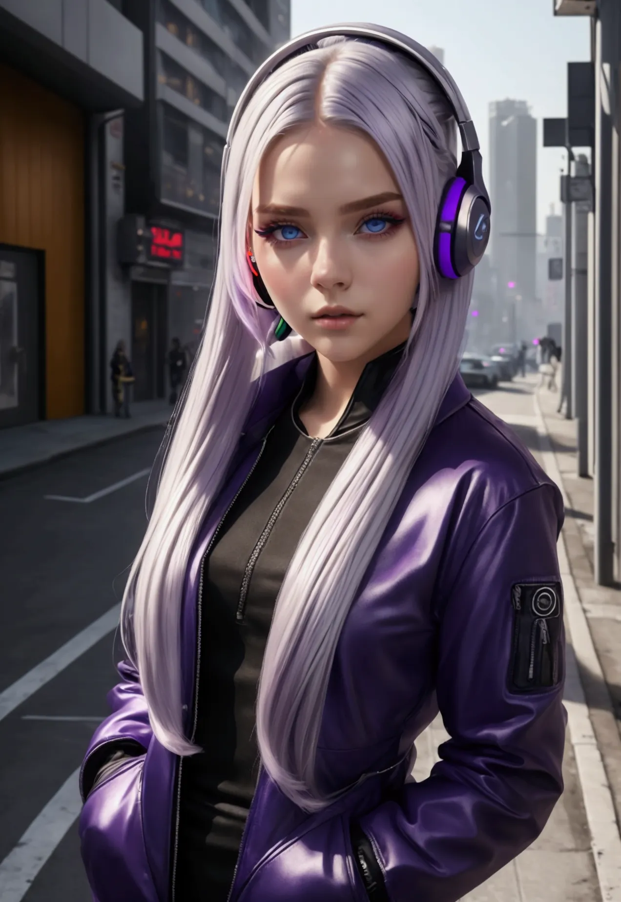 1 girl, by white, by the wide, tech clothing masterpiece, best quality, realist, realism, dark purple jacket, portrait, detailed...