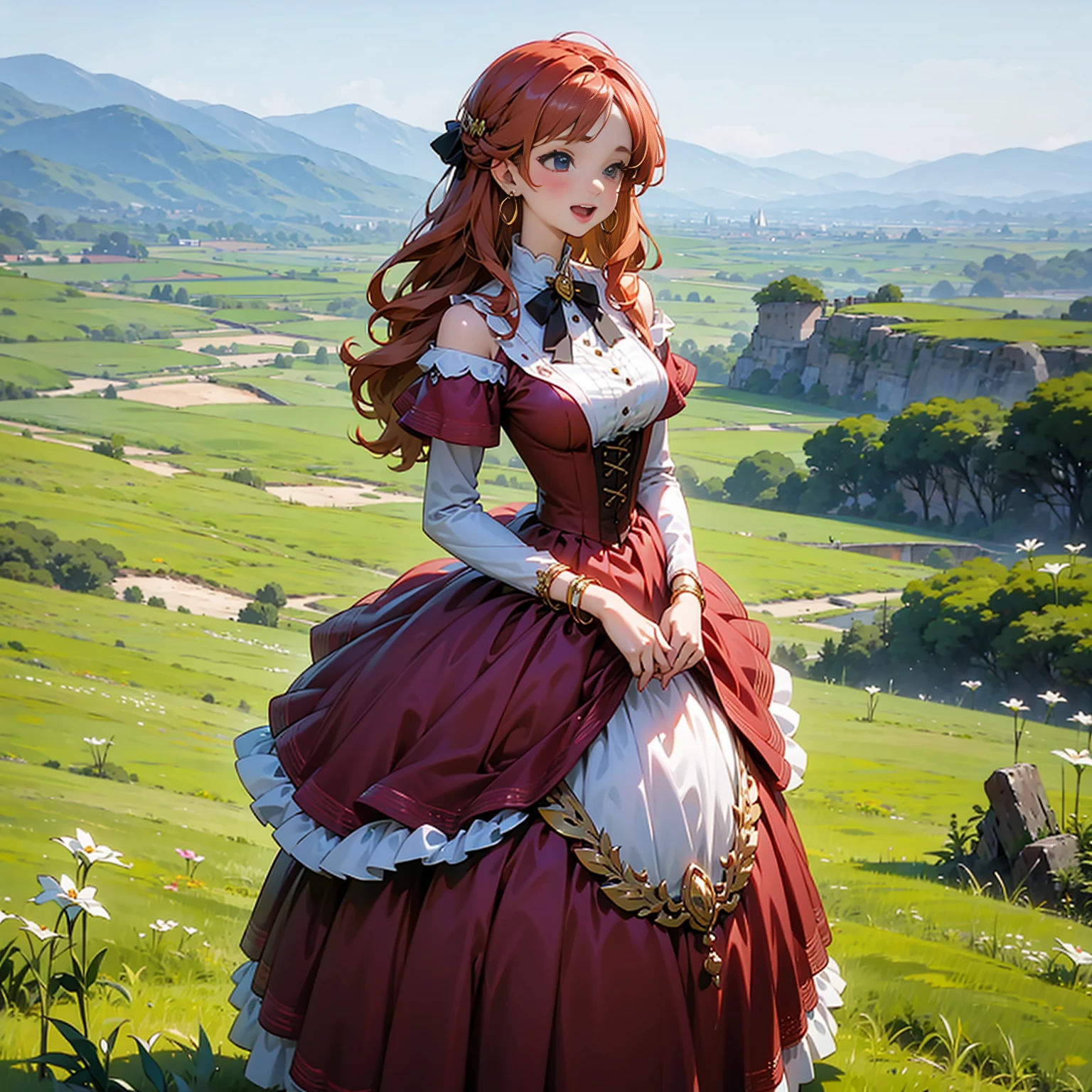 (solo), (red dress), (victorian dress), (smile), pale skin, (pale), outdoors, big breasts, open mouth, happy, radiant glow, (cowboy shot), (holy aura), long curly hair, ginger hair, hoop earrings, gold bracelets, bare shoulders, greenlands, open plains for background, (full body version), detailed background 