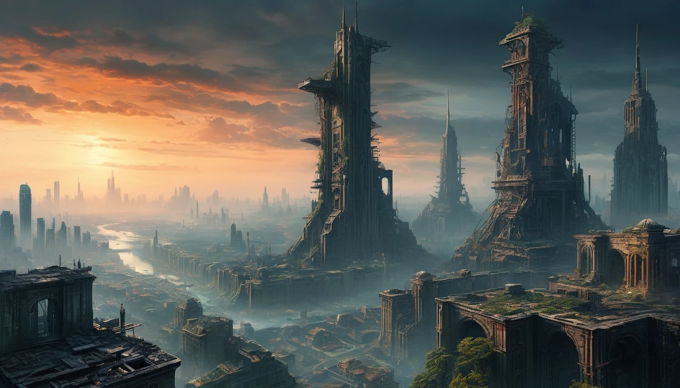 A vivid and detailed description of a dystopian sci-fi landscape featuring a vast, ruined vertical metropolis. The cityscape should contain magnificent, crumbling stone buildings of intricate design. Including a vast vertical cityscape, it appears to be a mixture of ancient and futuristic elements. It also describes the abandoned technology scattered throughout the city, such as tangled wires and huge, broken computers. Finally, it conveys a sense of despair and desolation through words, creating a sense of desolation and grandeur. The language should be rich, descriptive, and stimulating.