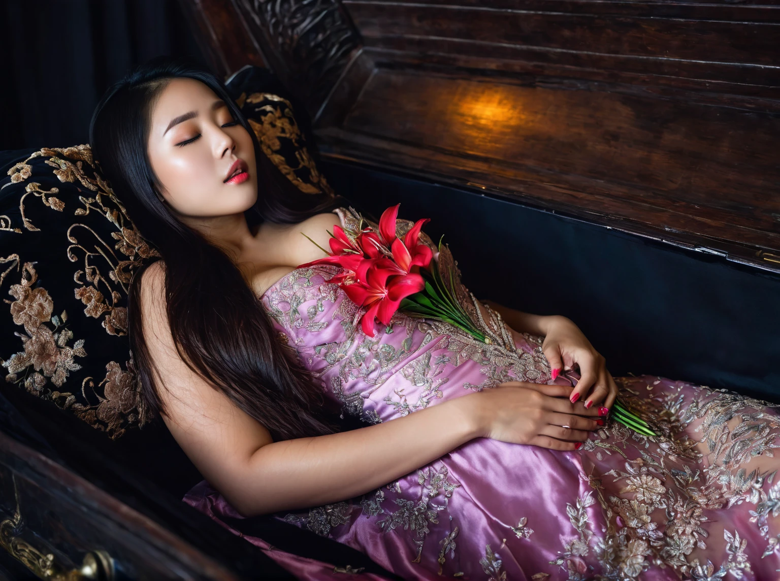 In a striking 8K HDR scene, a stunning Korean woman, 22 years old, lies peacefully in a black coffin surrounded by plush pillows. The deep box is set against a rich black background, accentuating the beauty of the subject. Her exquisite deep-V neckline kebaya attire is embroidered with superb detail, showcasing her round and firm breasts, perfect cleavage, and beautiful eyebrows. Her closed eyes and mouth give an air of serenity, while her visible and absolute cleavage leave nothing to imagination. The scene is bathed in saturated colors, highlighting every intricate aspect from the ball skirt to her clean face, straight body, detailed hand perfect hands, straight body, own hands together, own hand on stomach, detailed hands, perfect hands, holding the flowers.