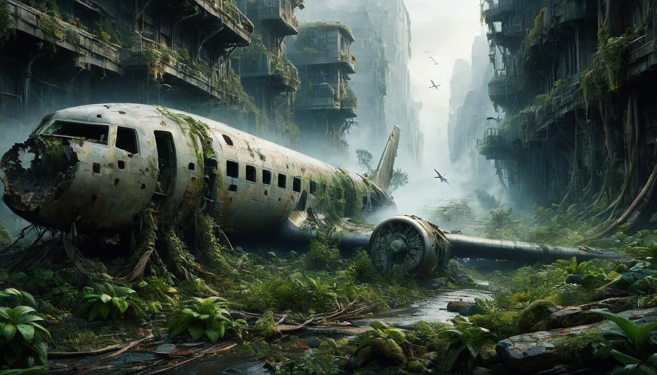 A vivid and detailed description of a dystopian sci-fi landscape with a huge, ruined vertical metropolis. The collapsed Boeing. The cityscape should contain magnificent, crumbling stone buildings of complex design. Including a huge vertical cityscape, it seems to be a mixture of ancient and futuristic elements. It also describes the abandoned technology scattered throughout the city, such as tangled wires and huge broken computers, a passenger plane covered in moss. Finally, it conveys a sense of despair and desolation through words, creating a sense of desolation and grandeur. The language should be rich, descriptive and stimulating.