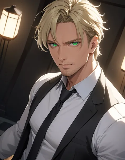 1man, veteran cia agent, handsome mature, business hair with asymmetry bangs, narrow stubble, green platina blond hair, emerald ...