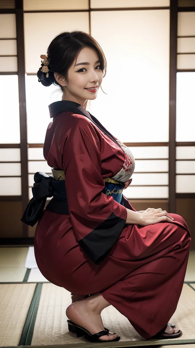 Mature attractive sexy woman,50 years old, ((kimono)),((vermilion))、(((kimono))),Shut,((Big Breasts:1.1)),(Facial wrinkles:1.3),light makeup,Light brown hair,Long Hair,(Full body photo:0.85),(Emphasize big buttocks),8k, RAW Photos, Highest quality, Laughter,masterpiece,Highest quality、A kind smile、A captivating gaze、Random Hairstyles、Japanese-style room、Shoji Screen、lanthanum、