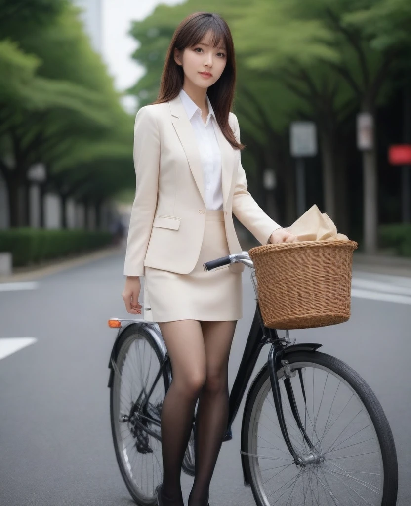 medium closeup, detailed, sharp, solo, biking through Tokyo street, jacket, high heel, long legs, office suits, basket, riding bicycle, bicycle, front view, low angle, going fast,  depth of field, beautiful breasts, slender,  the most beautiful woman, double eyelid, cute japanese woman, 25 yo, strong wind, slim beautiful legs, sexy pantie stocking, foot on pedal