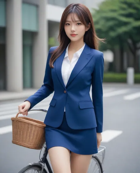 medium closeup, detailed, sharp, solo, biking through tokyo street, jacket, high heel, long legs, office suits, basket, riding b...